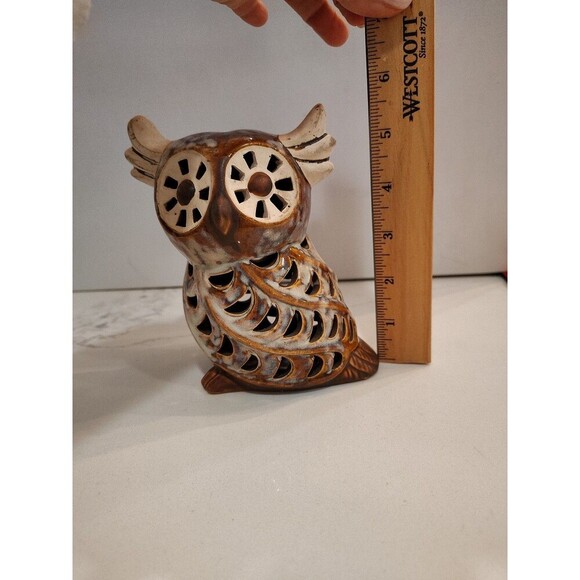 Owl Ceramic Gray & Brown Glazed Incense Tea Light Candle Holder 5 1/2" - Picture 2 of 10